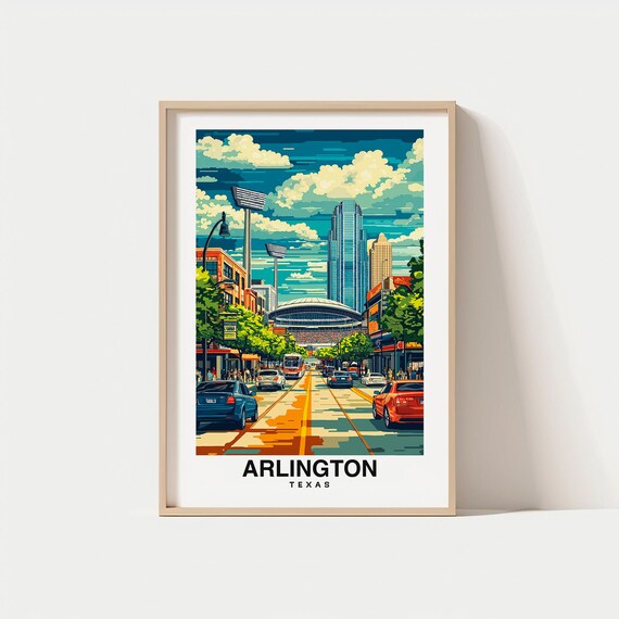 Arlington Texas City Street Stadium Skyline Vintage Travel Poster