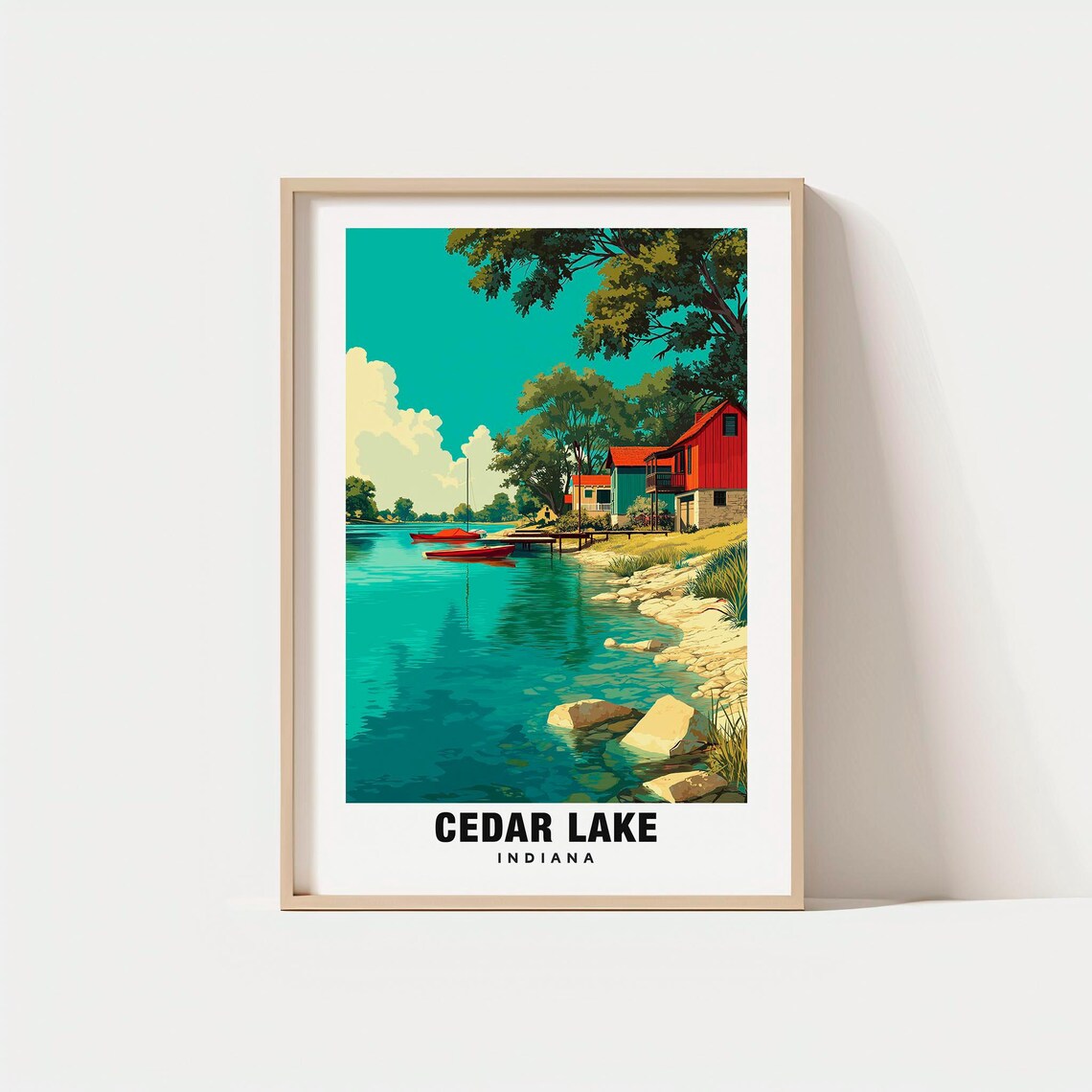 Cedar Lake Indiana Lakeside Cottages Canoe Vintage Travel Poster