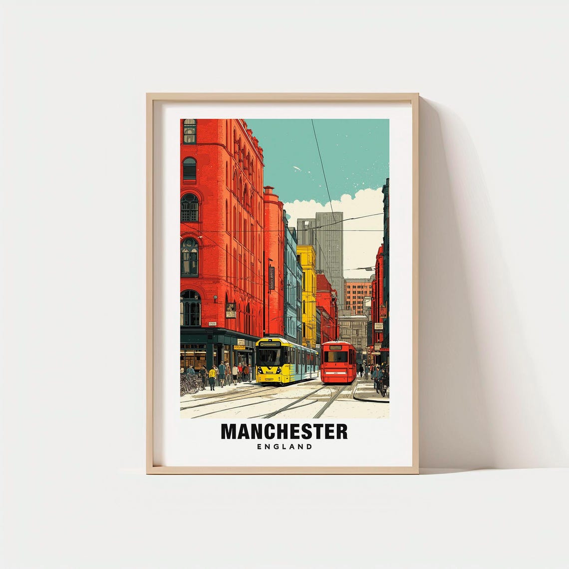 Manchester England Historic Red Brick Street and Tram Scene Poster