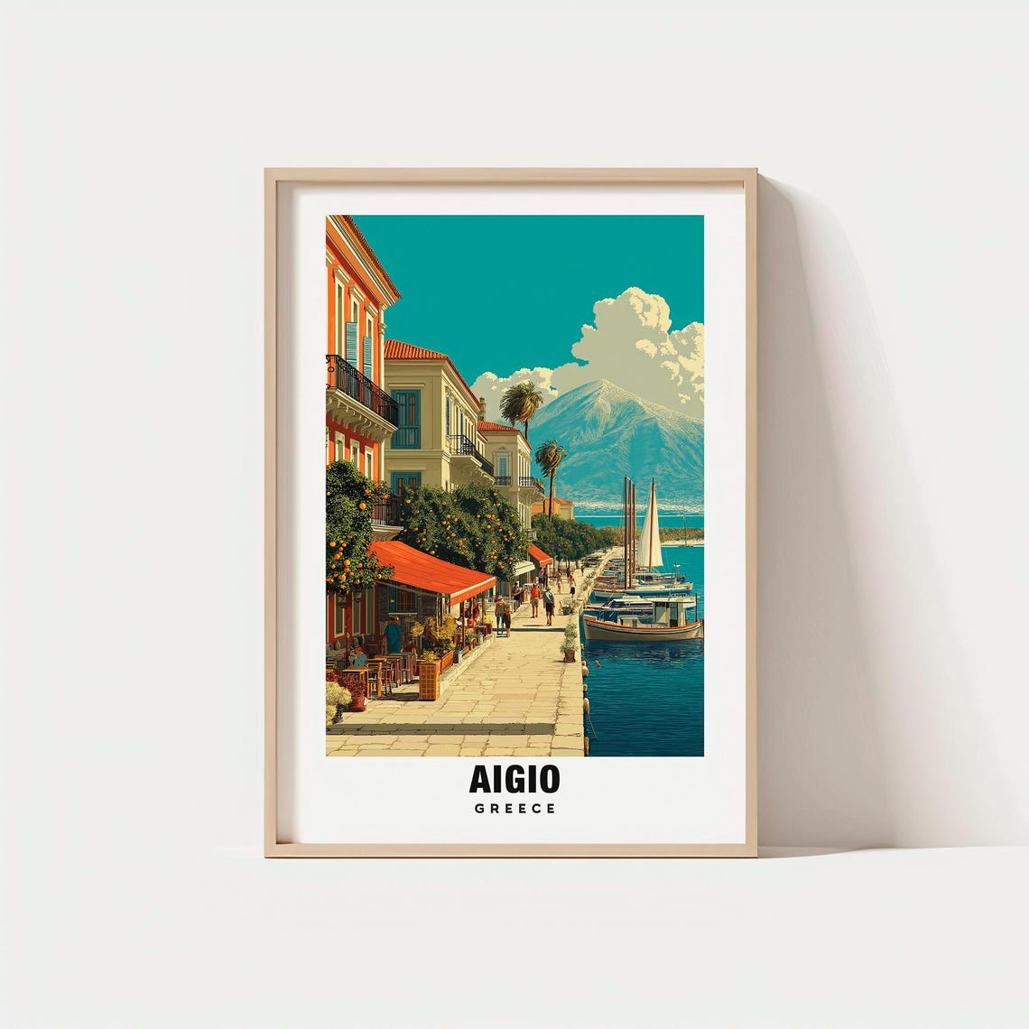 Aigio Greece Waterfront Promenade Sailboats Retro Travel Poster
