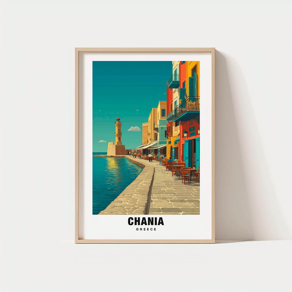 Chania Greece Old Harbor Lighthouse Cafes Retro Travel Poster