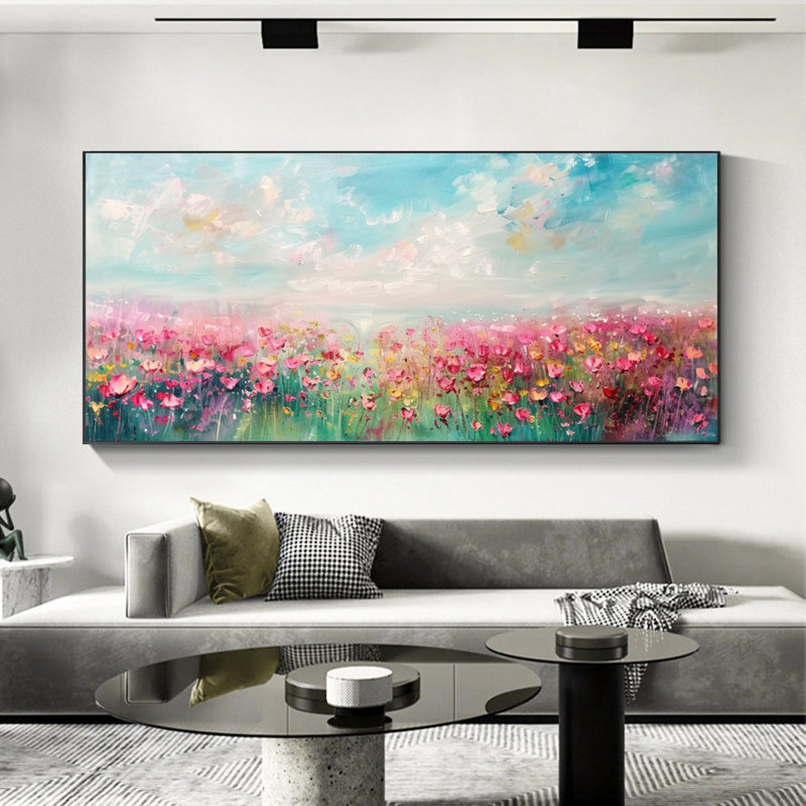 Pink Wildflower Meadow Beneath a Turquoise Sky Panoramic Poster - Image 2