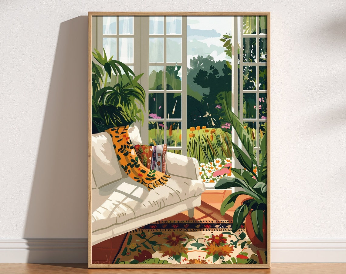 Bright Sunroom White Sofa Plants Cozy Interior Garden View Poster