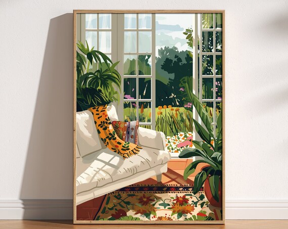 Bright Sunroom White Sofa Plants Cozy Interior Garden View Poster