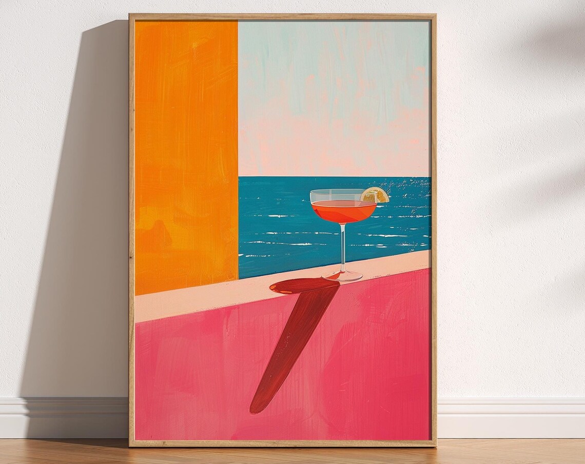 Abstract Cocktail and Ocean Print, Retro Minimalist