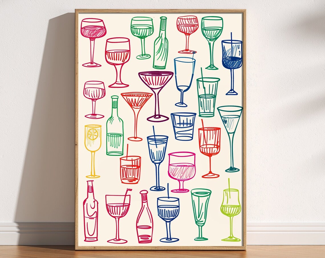 Retro Wine Glasses Art Print, Maximalist Decor