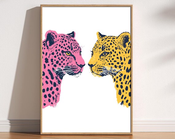 Two Pink and Yellow Leopard Faces Colorful Pop Art Style Poster