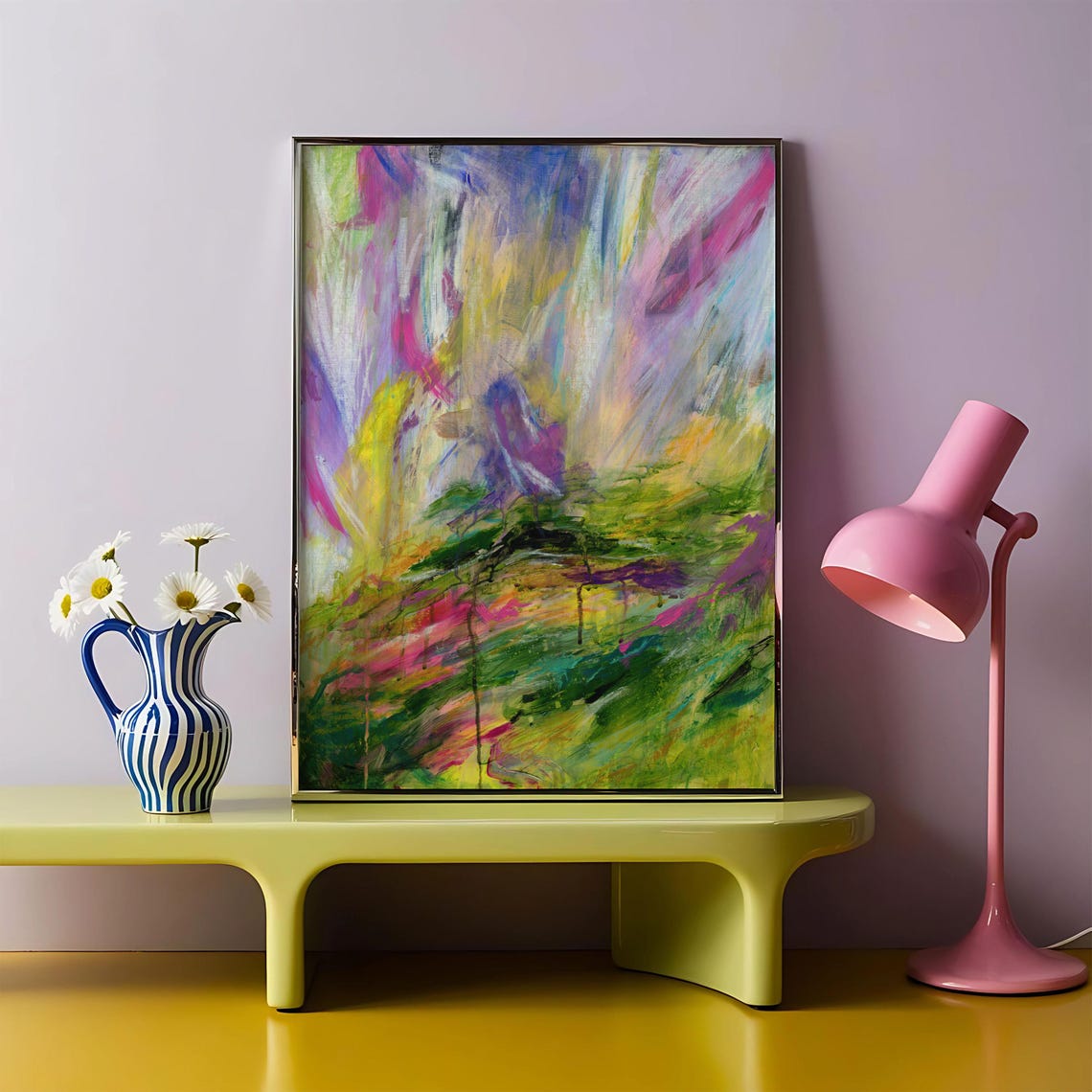 Colorful Brushstroke Landscape Pink Yellow Green Abstract Poster