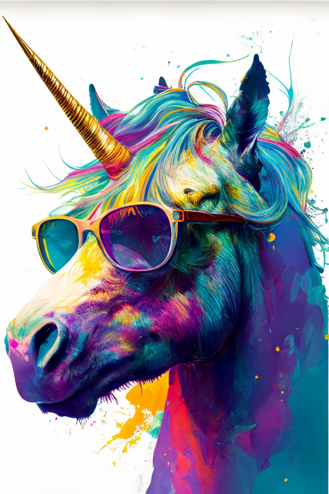 Rainbow Unicorn Sunglasses Color Splash Fantasy Portrait Poster