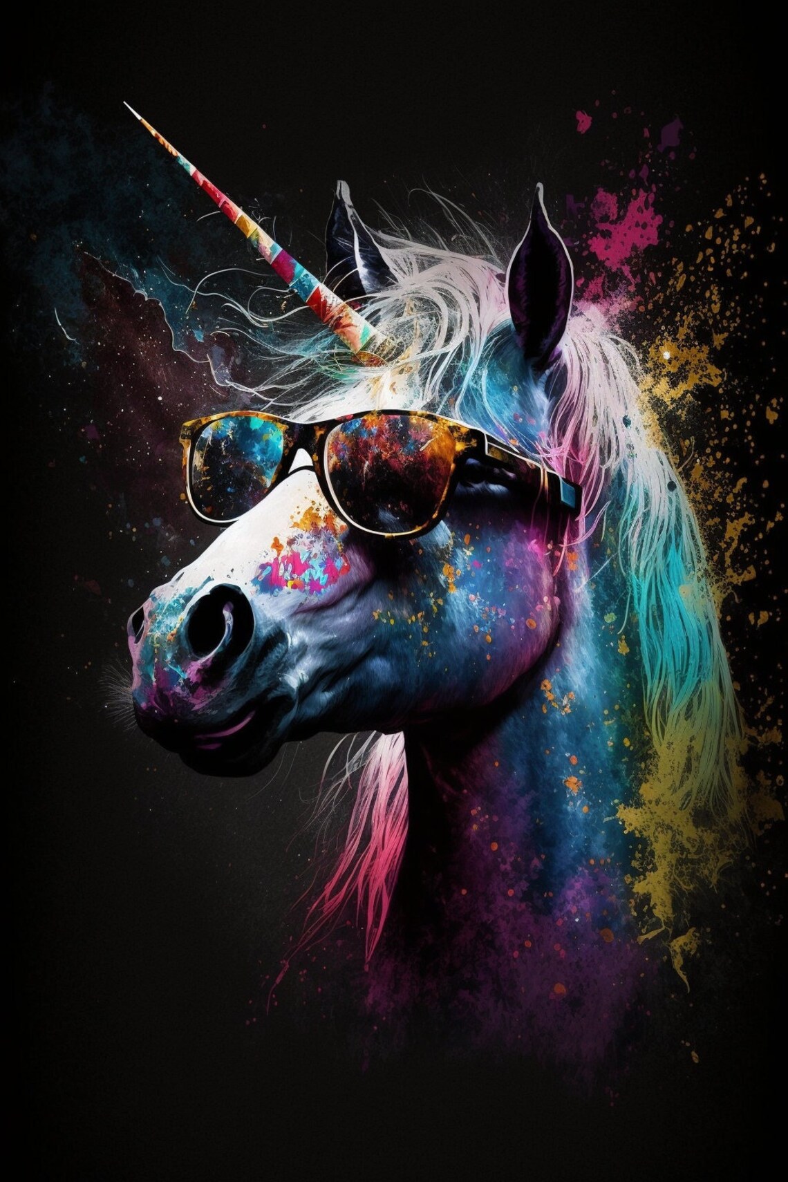 Rainbow Unicorn in Sunglasses Colorful Cosmic Paint Splash Poster