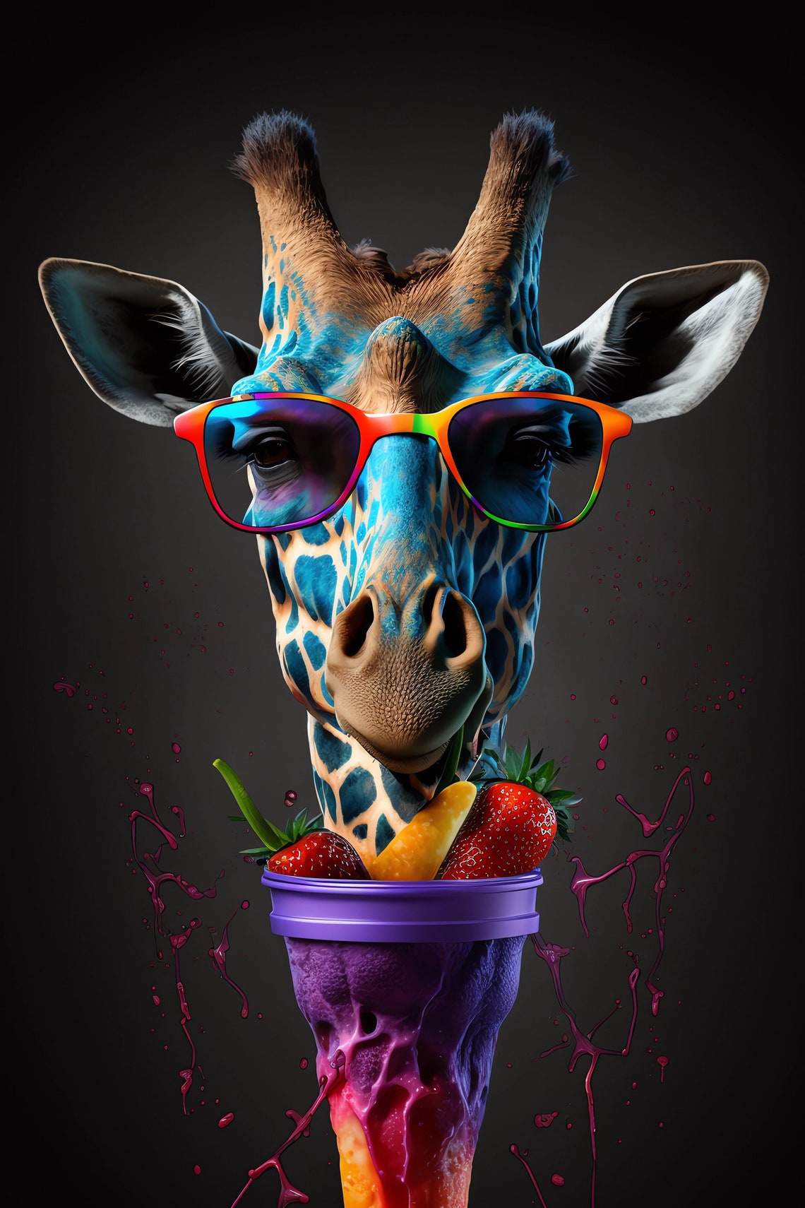 Giraffe In Sunglasses Drinking Smoothie Colorful Portrait Print Sunglasses Animal Animal Portrait Of Giraffe Colorful African Animal