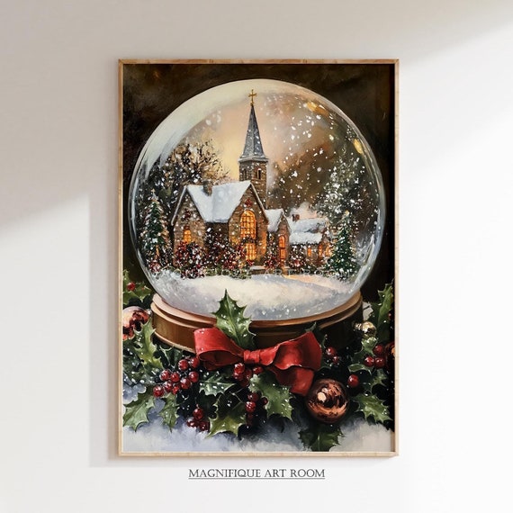 Vintage Christmas Snow Globe, Cottagecore Art Print