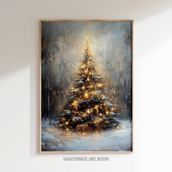 Moody Christmas Tree Rustic Holiday Wall Art Winter Night Dark Academia Print Vintage Oil Painting Xmas Farmhouse Decor W80