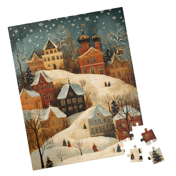 Russian Snowy Winter Town Onion Dome Snowfall Folk Art Poster
