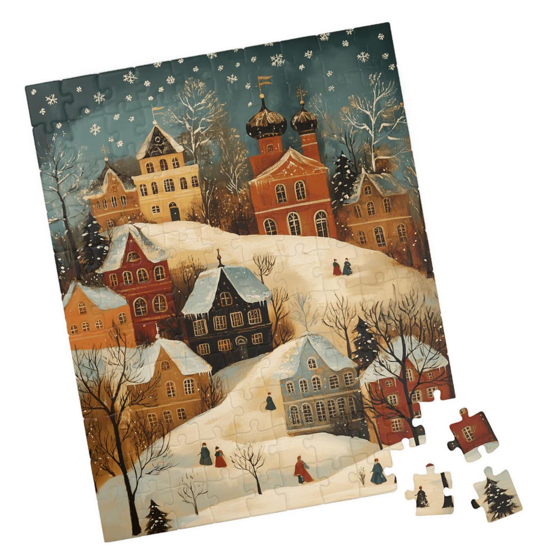 Russian Snowy Winter Town Onion Dome Snowfall Folk Art Poster