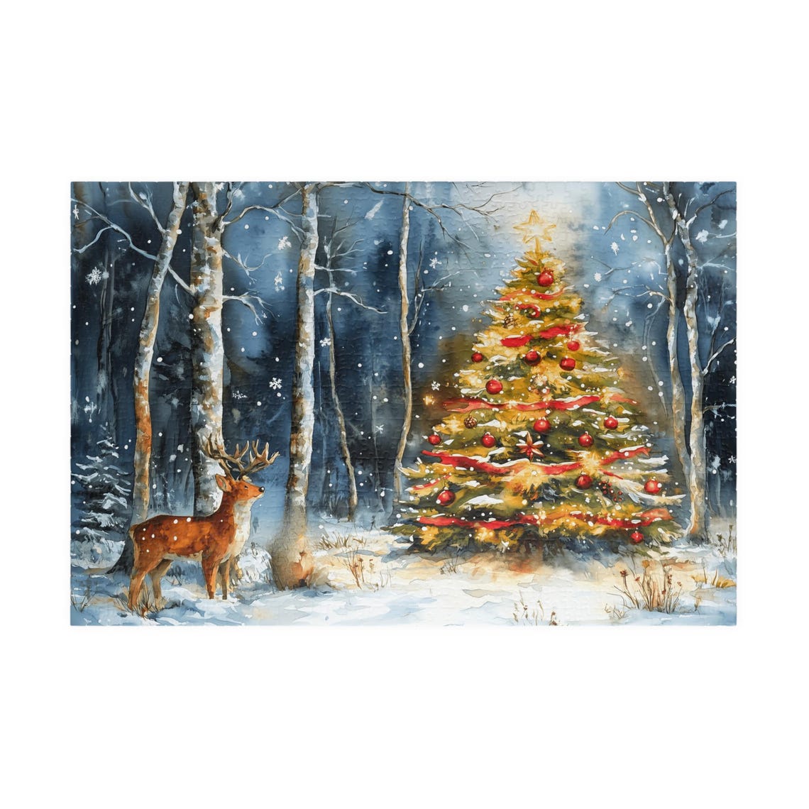 Deer Beside A Glowing Christmas Tree In A Snowy Birch Forest Print - Image 3