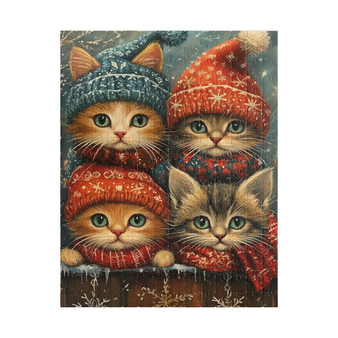 Four Cute Kittens in Knit Hats and Scarves on Snowy Fence Cat Poster - Image 5