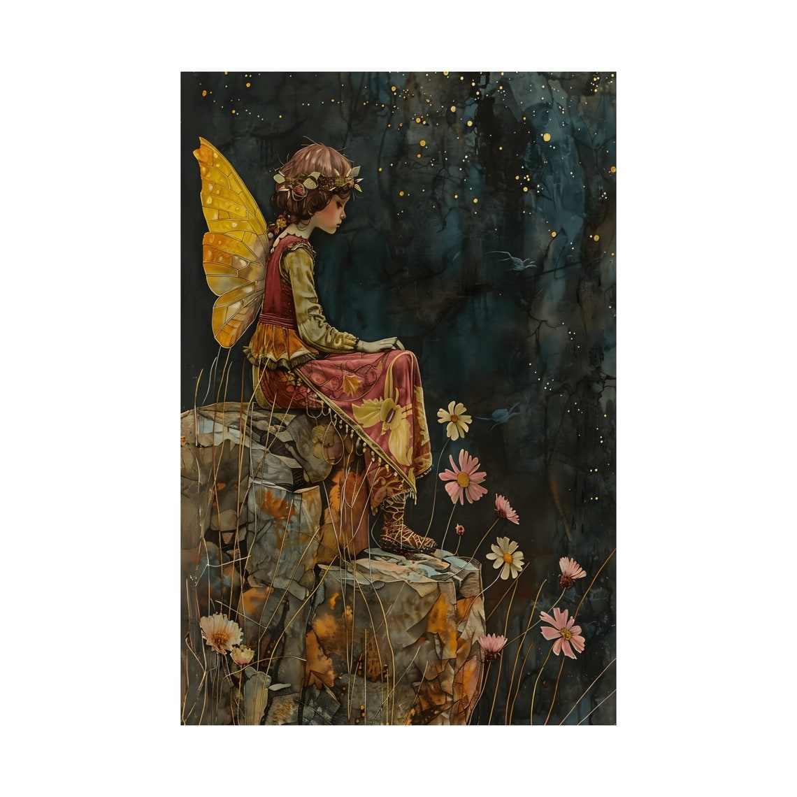 Night Forest Fairy Sitting on Rock Yellow Wings Cosmos Art Poster - Image 3