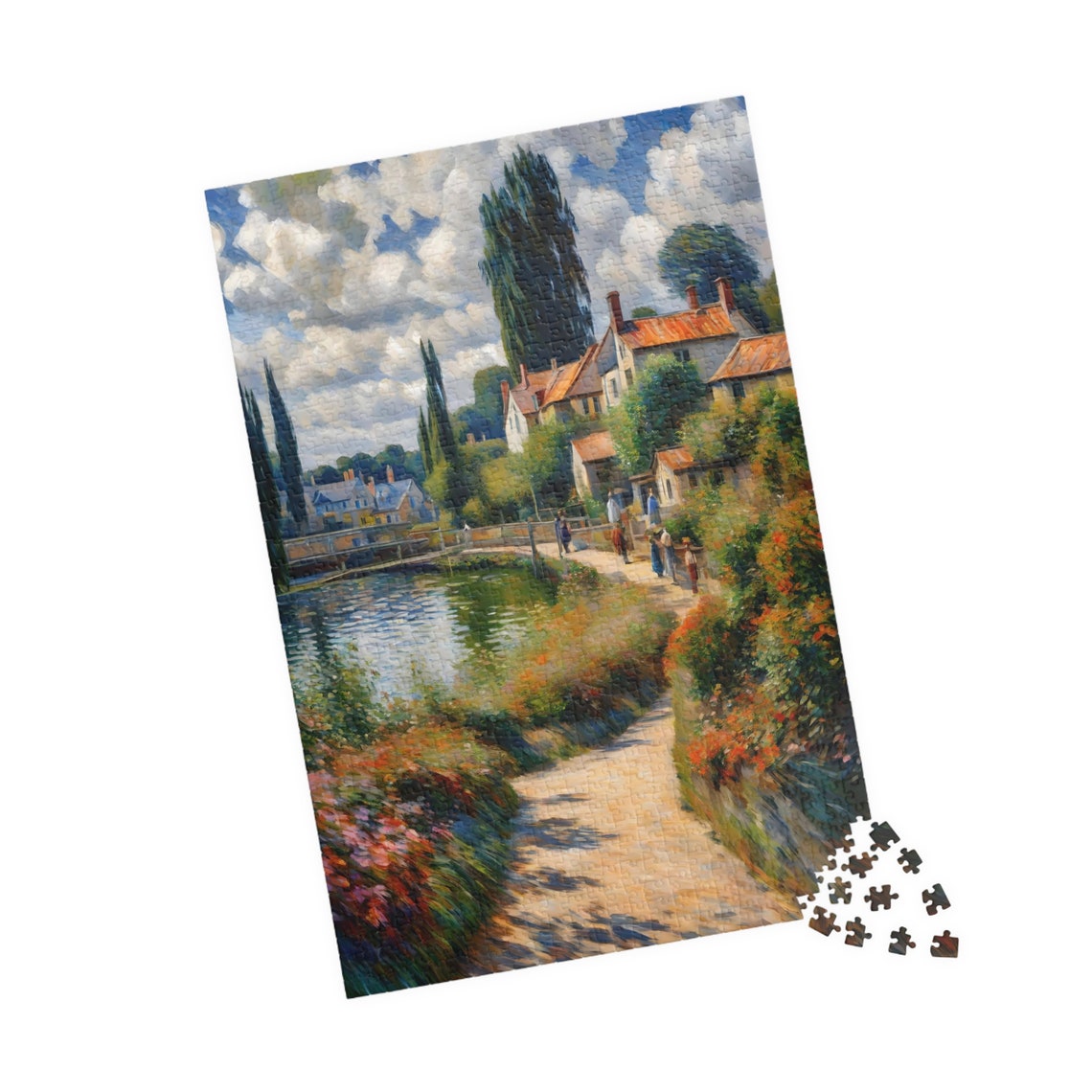 Impressionist Lakeside Village Red Roof Cottages Riverside Path Poster - Image 4