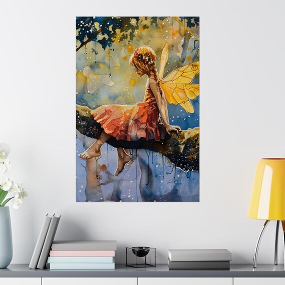 Twilight Fairy With Golden Wings Sitting On A Tree Branch Night Poster