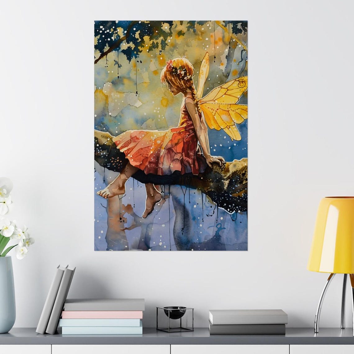 Twilight Fairy With Golden Wings Sitting On A Tree Branch Night Poster
