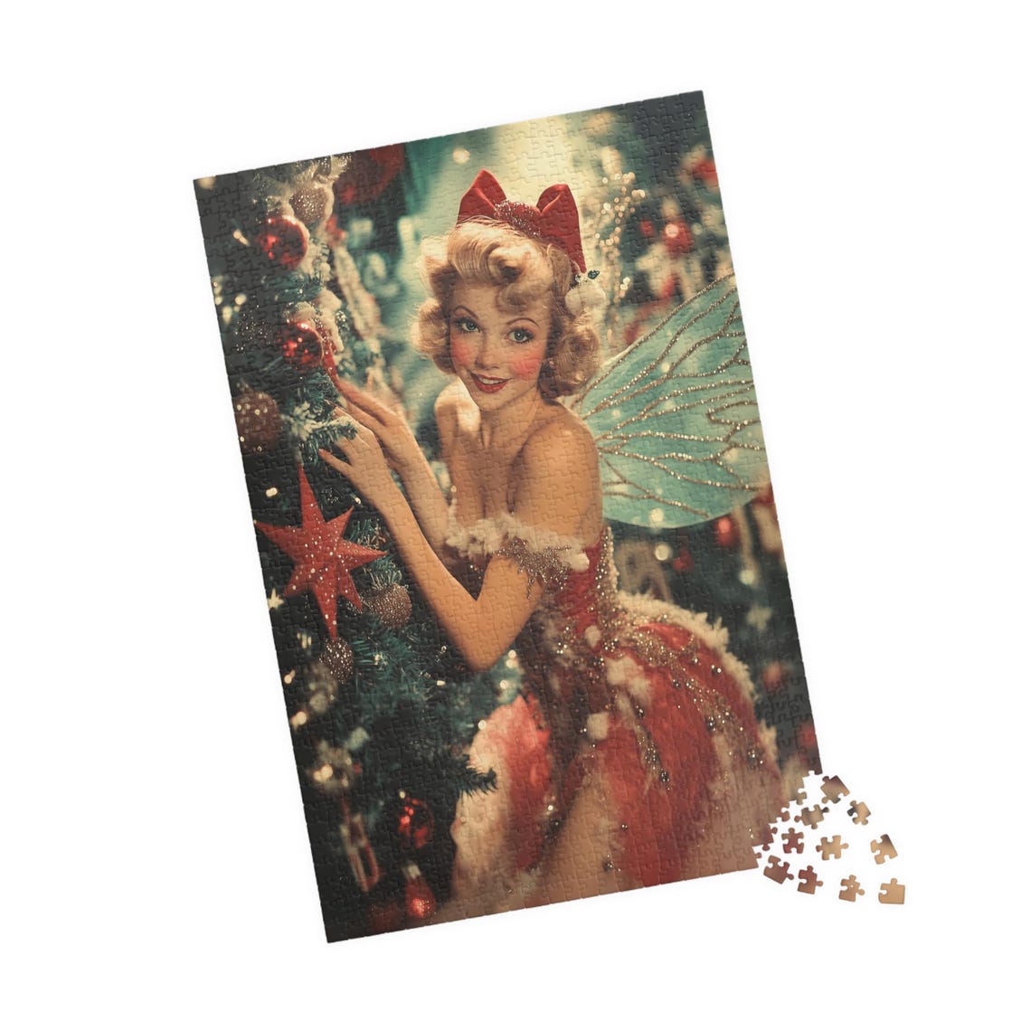Pretty 1950s Style Christmas Fairy Decorating Tree Retro Art Poster - Image 4