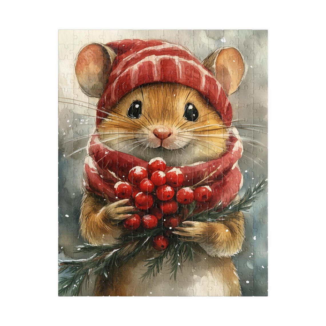 Cute Mouse In Red Knit Hat Holding Berries Jigsaw Puzzle Print - Image 5