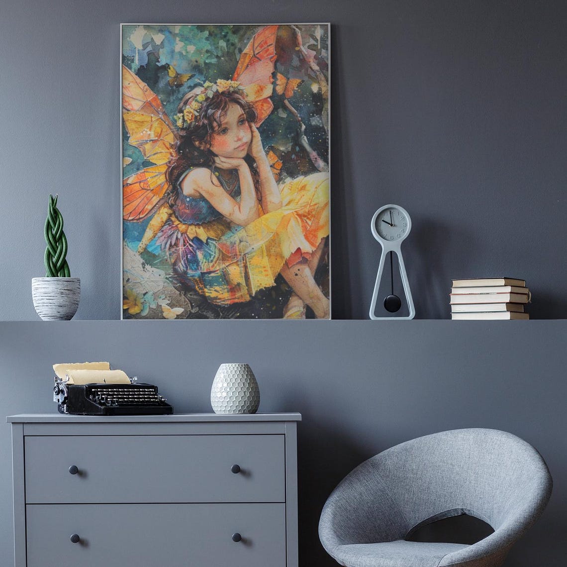 Daydreaming Fairy Girl Orange Wings Patchwork Dress Art Poster - Image 4