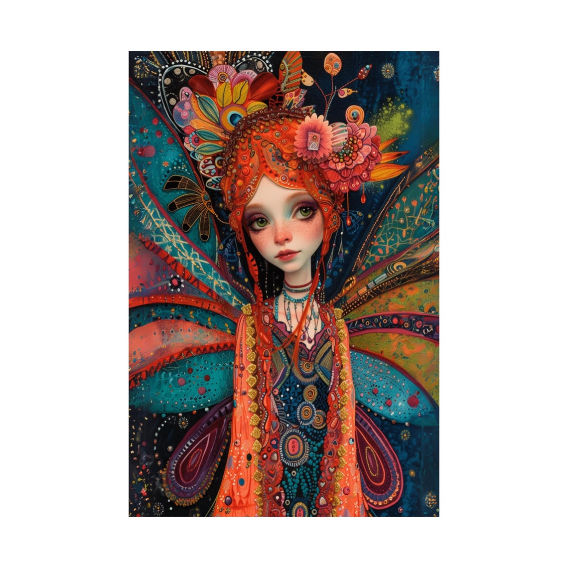 Fairy Portrait With Ornate Orange Wings Floral Crown Art Poster - Image 3
