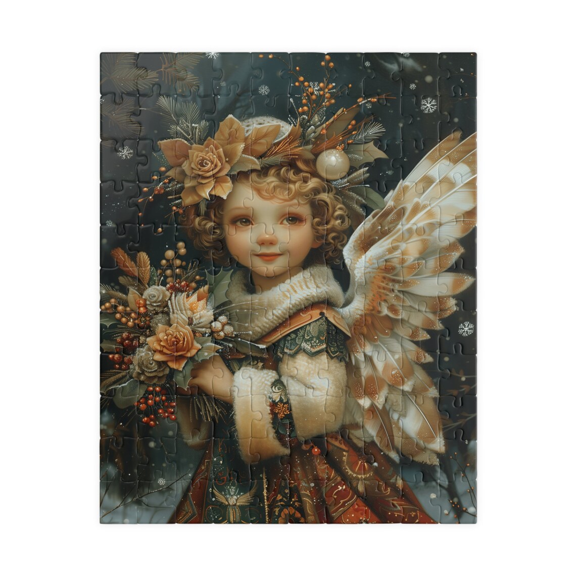 Winter Angel Child with Feathered Wings Holding Holiday Flowers Poster - Image 5