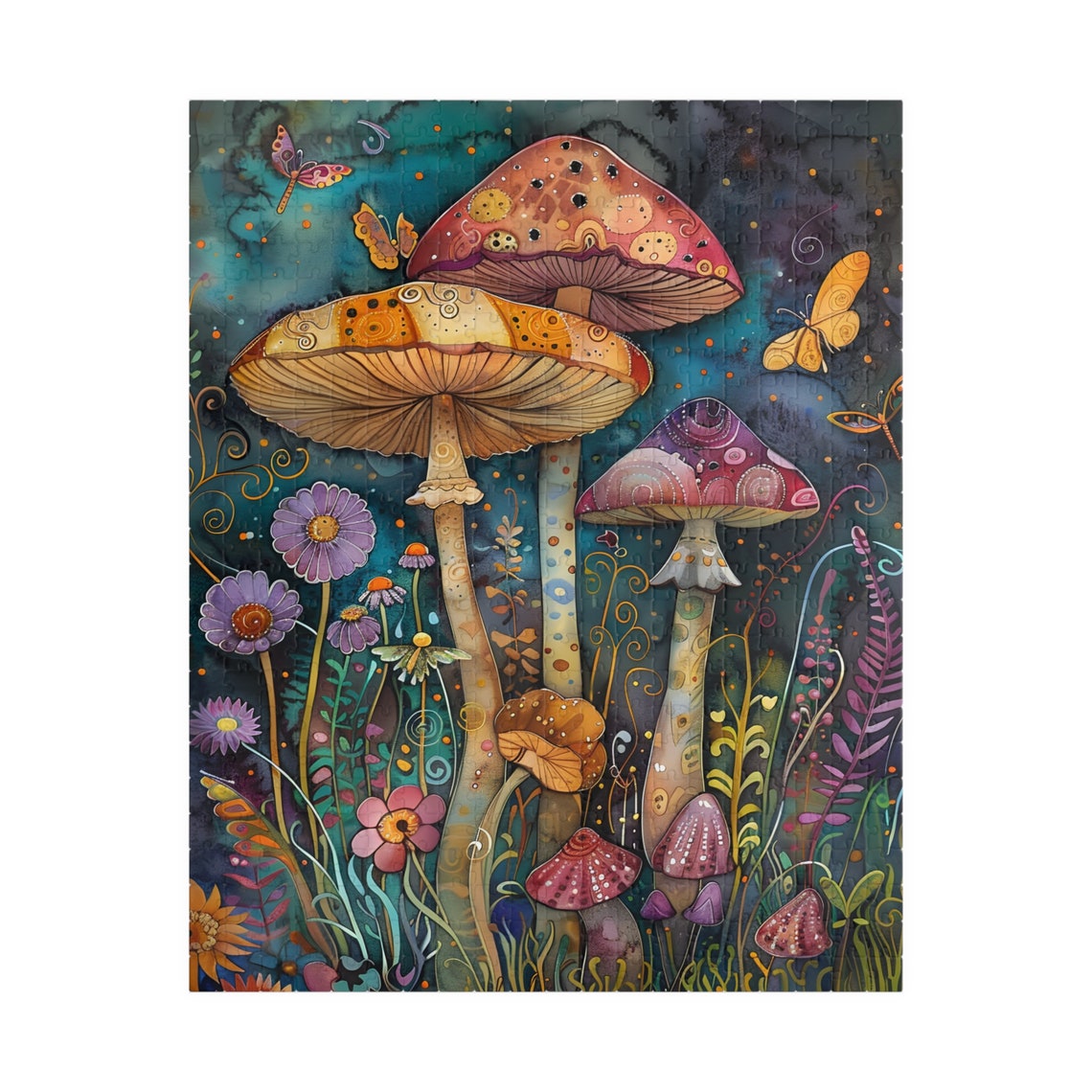 Whimsical Watercolor Mushroom Garden with Butterflies Night Poster - Image 5