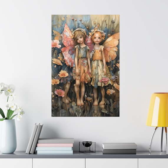 Three Little Pastel Fairies Among Blooming Flowers Whimsical Art Poster