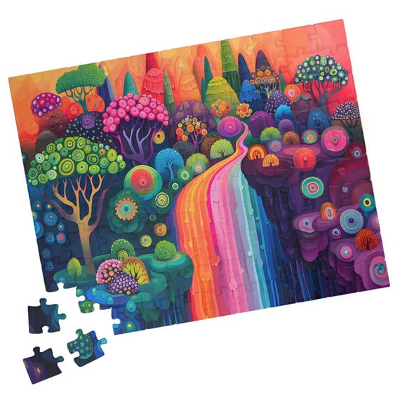 Whimsical Rainbow Colored Landscape Puzzle Fantasy Waterfall Jigsaw Tech Free Family Activity Great Gift For Birthdays Or Get Well