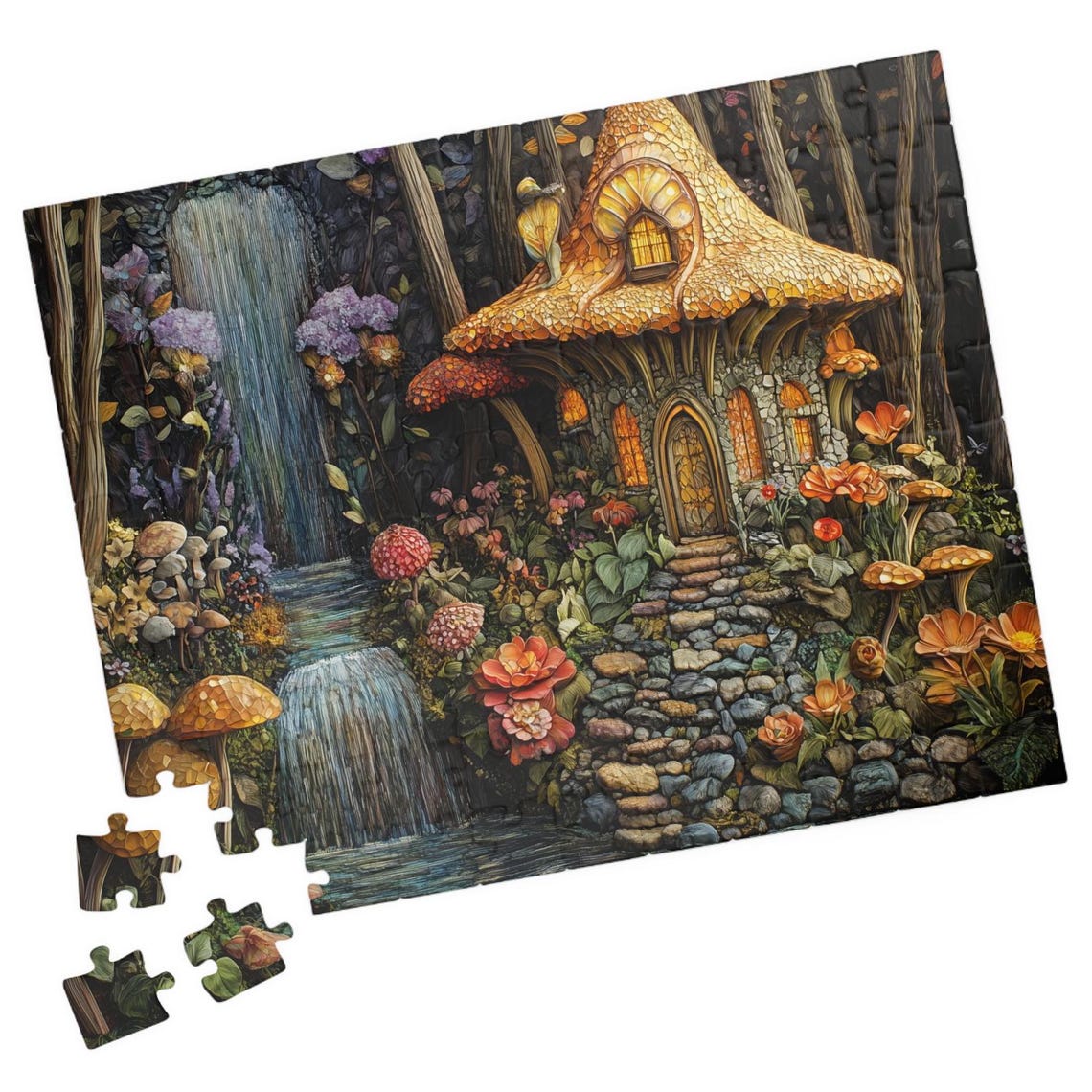 Spring Fairy Cottage with Waterfall in a Mushroom Forest Art Print