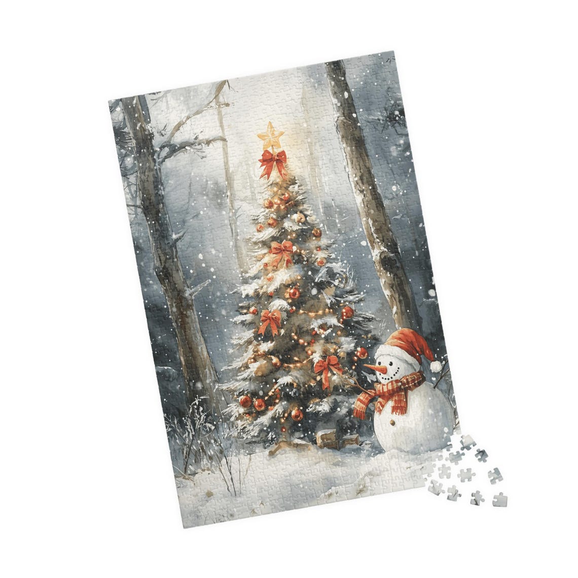 Snowman Peeking From Behind A Decorated Christmas Tree Winter Print - Image 4