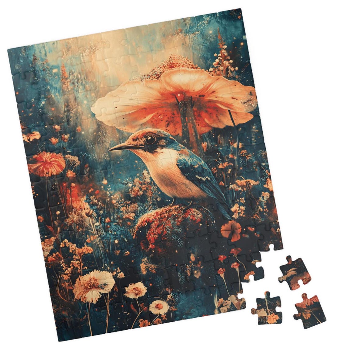 Small Songbird Among Giant Flowers Teal Painterly Art Poster