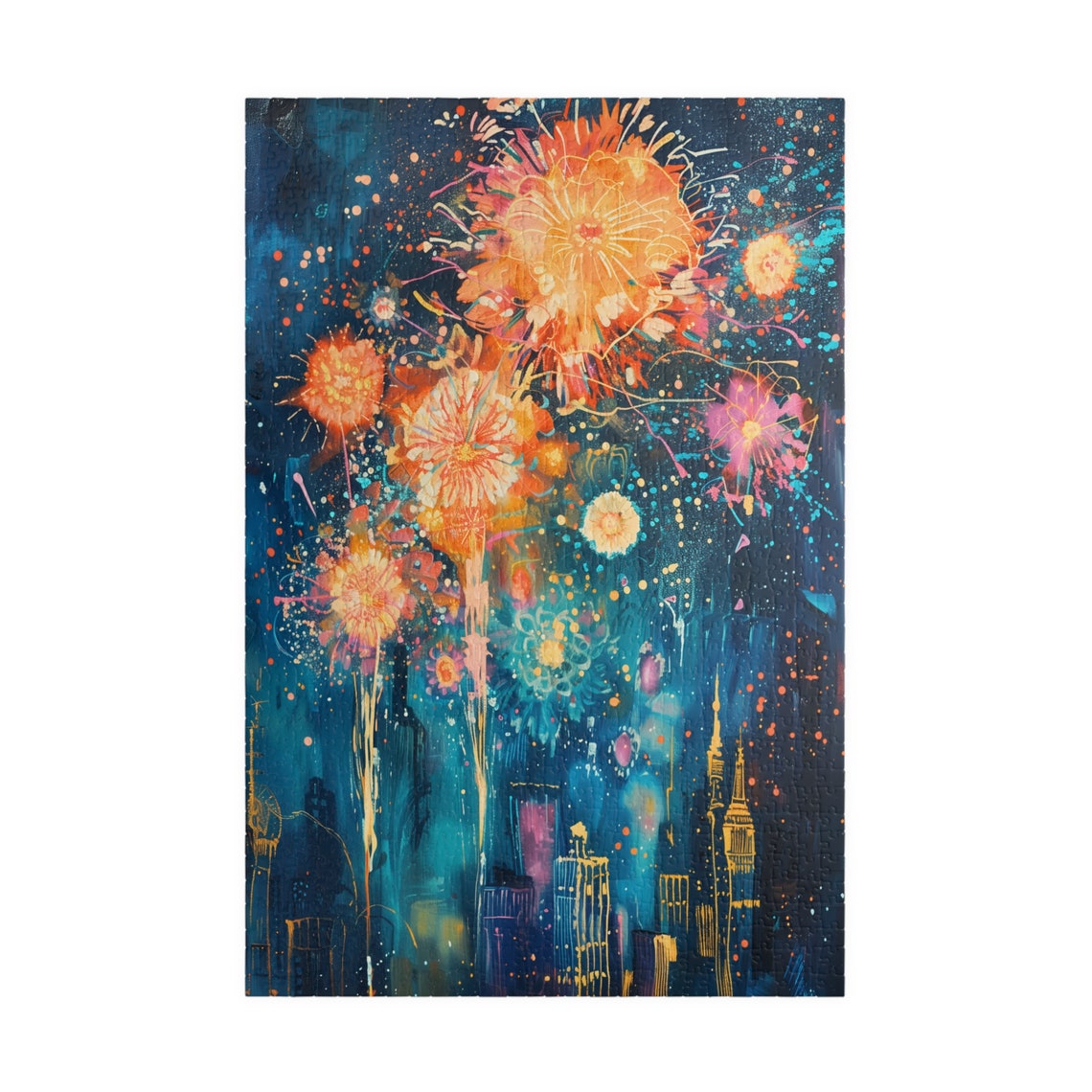Abstract Fireworks over City Skyline at Night Celebration Art Print - Image 3