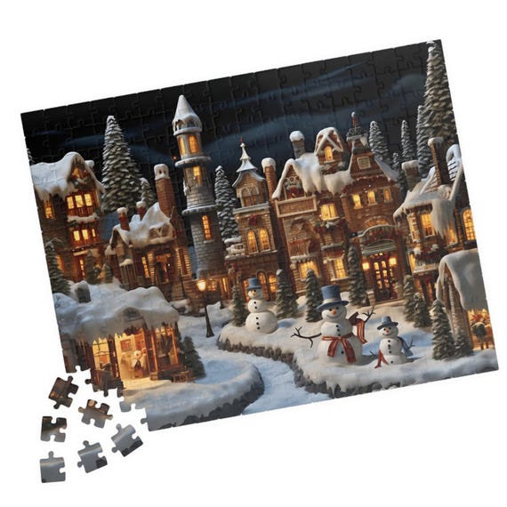 Evening Village With Snowman Jigsaw Puzzle Relaxing For One Fun For Group Great Family Activity Wonderful Gift For Hospital Patients