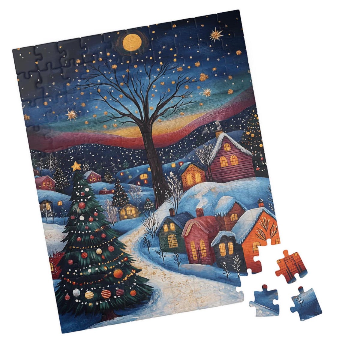 Snowy Christmas Village Under a Moonlit Golden Night Sky Art Print