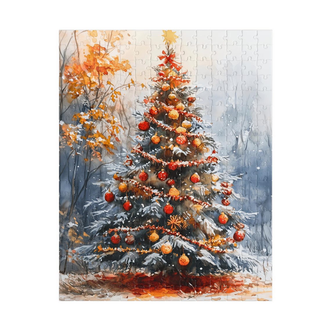 Snow Dusted Christmas Tree With Red And Gold Ornaments Art Print - Image 5