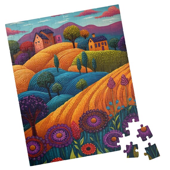 Folk Art Fall Landscape Golden Hills Purple Mountains and Flowers Poster