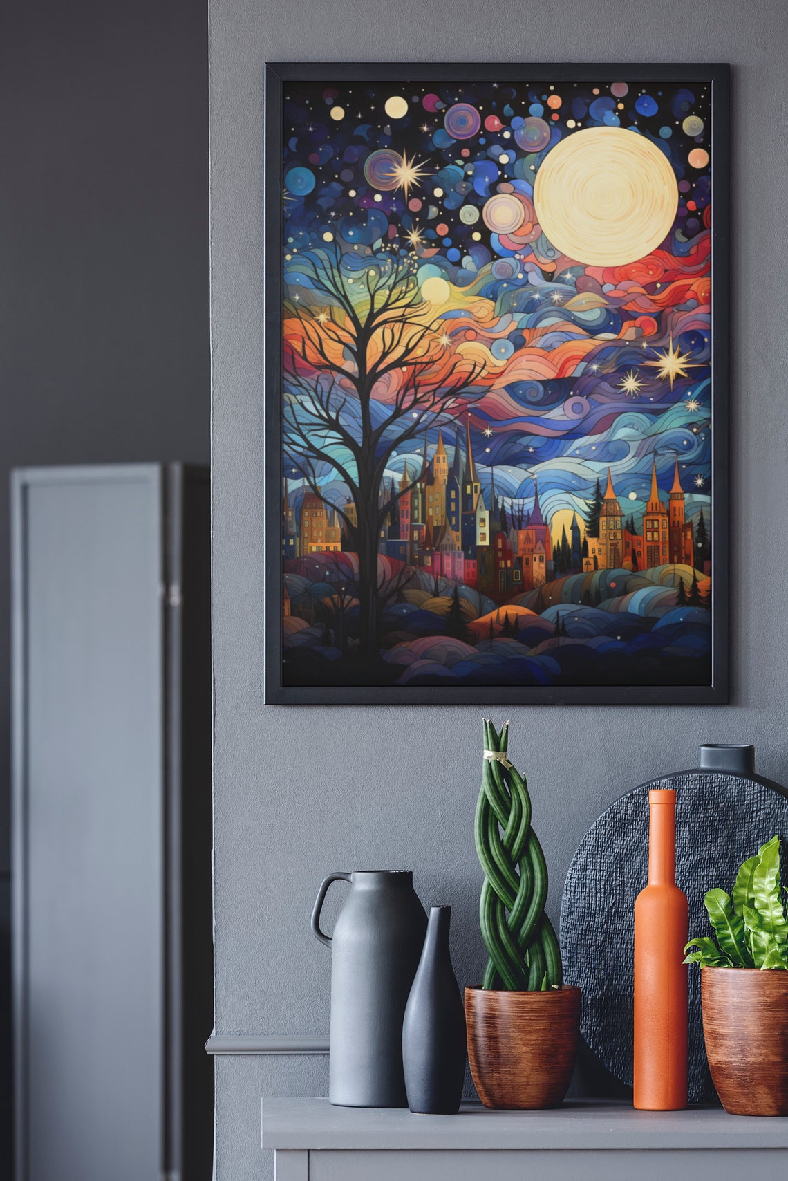 Magical Night Sky over Old Town Spires with Big Moon Art Poster - Image 2