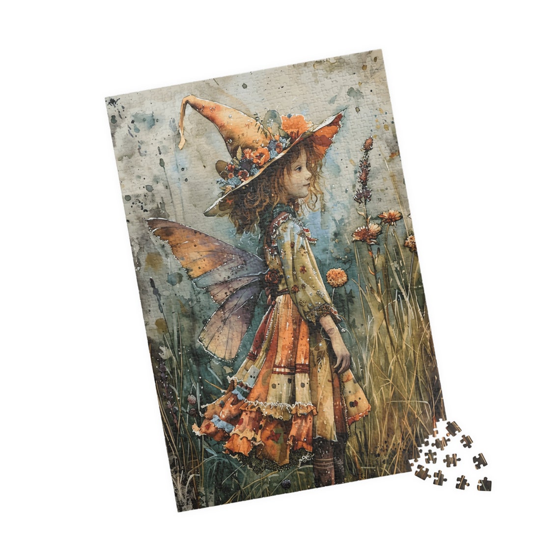 Field Fairy Girl in Flower Witch Hat Standing in Tall Grass Poster - Image 4