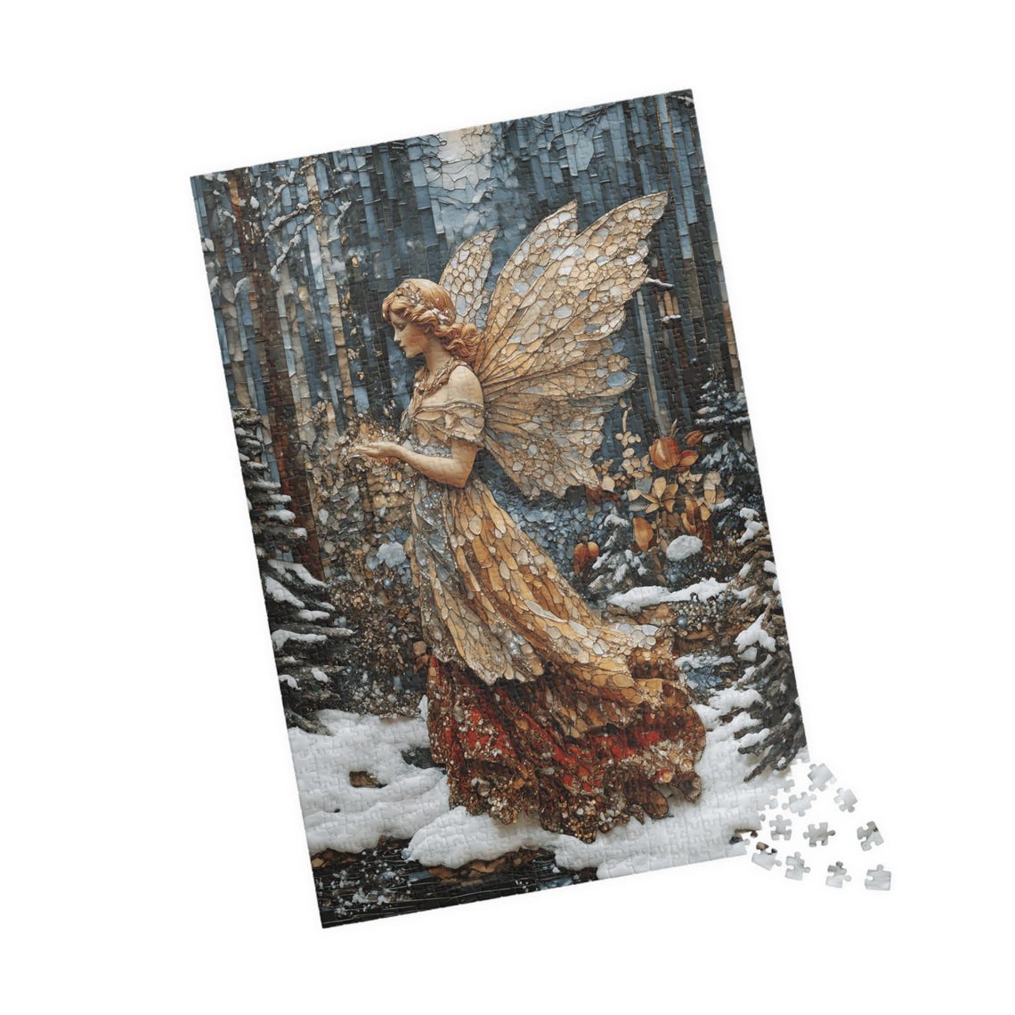 Stained Glass Winter Angel with Golden Mosaic Wings Snow Poster - Image 4