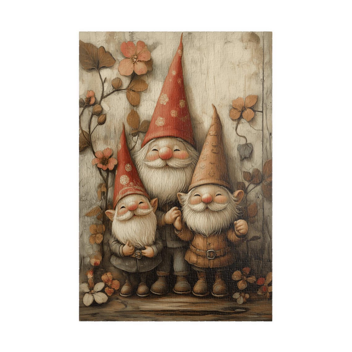 Three Smiling Gnomes Autumn Leaves Rustic Vintage Style Poster - Image 3