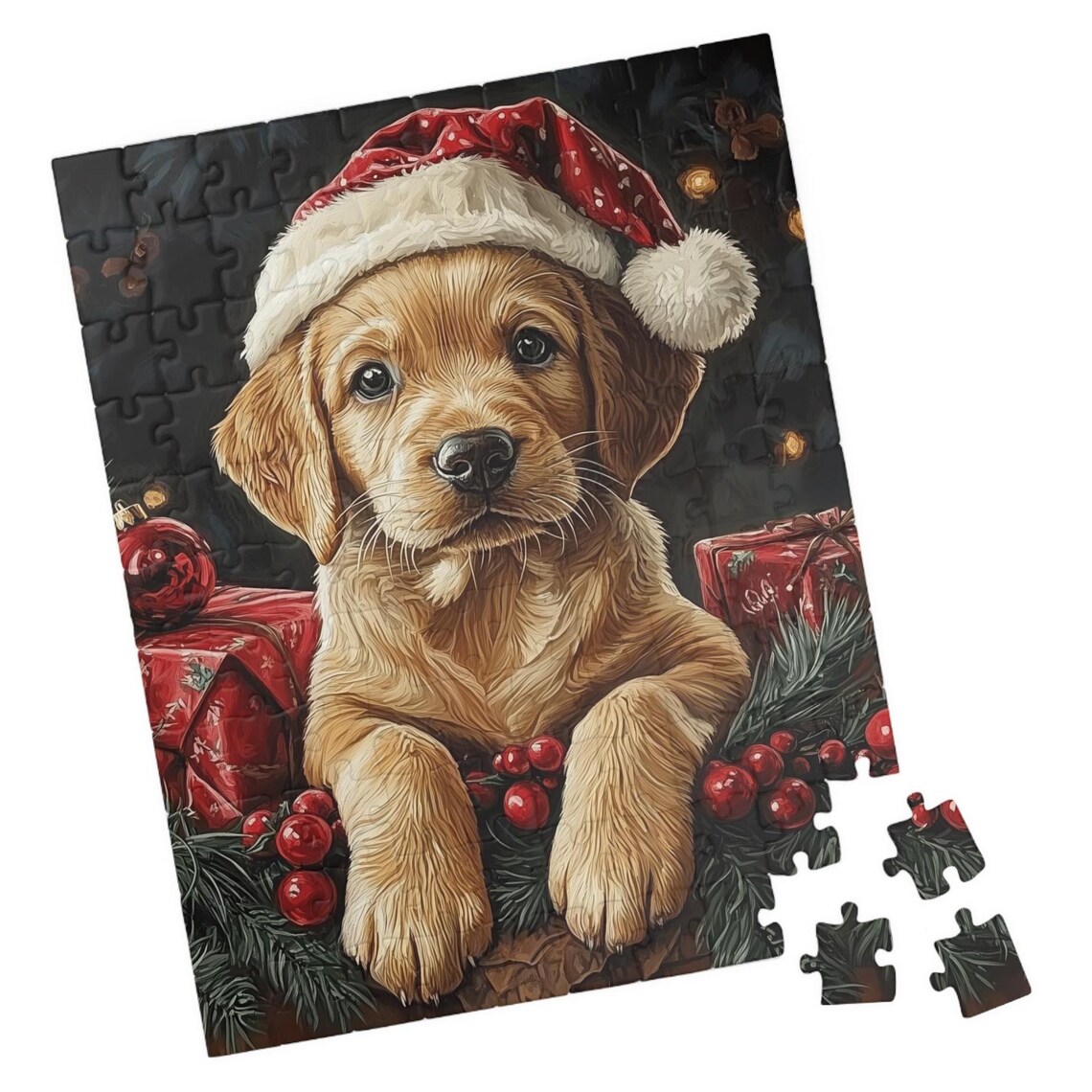 Golden Retriever Puppy in Santa Hat With Christmas Gifts Dog Poster