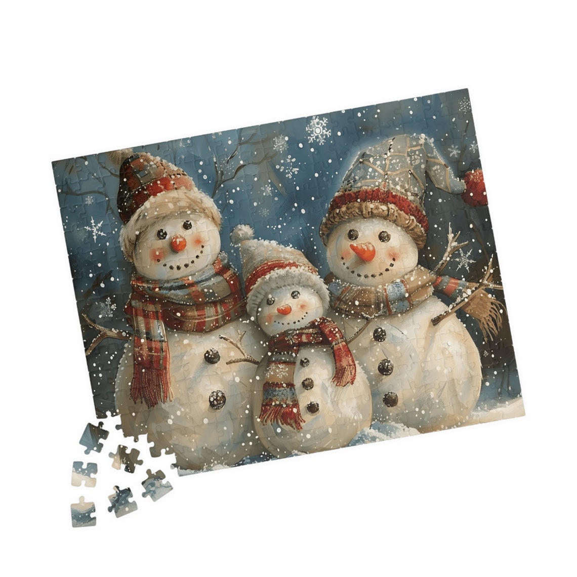 Snowman Family Falling Snow Plaid Scarves Christmas Art Poster - Image 3