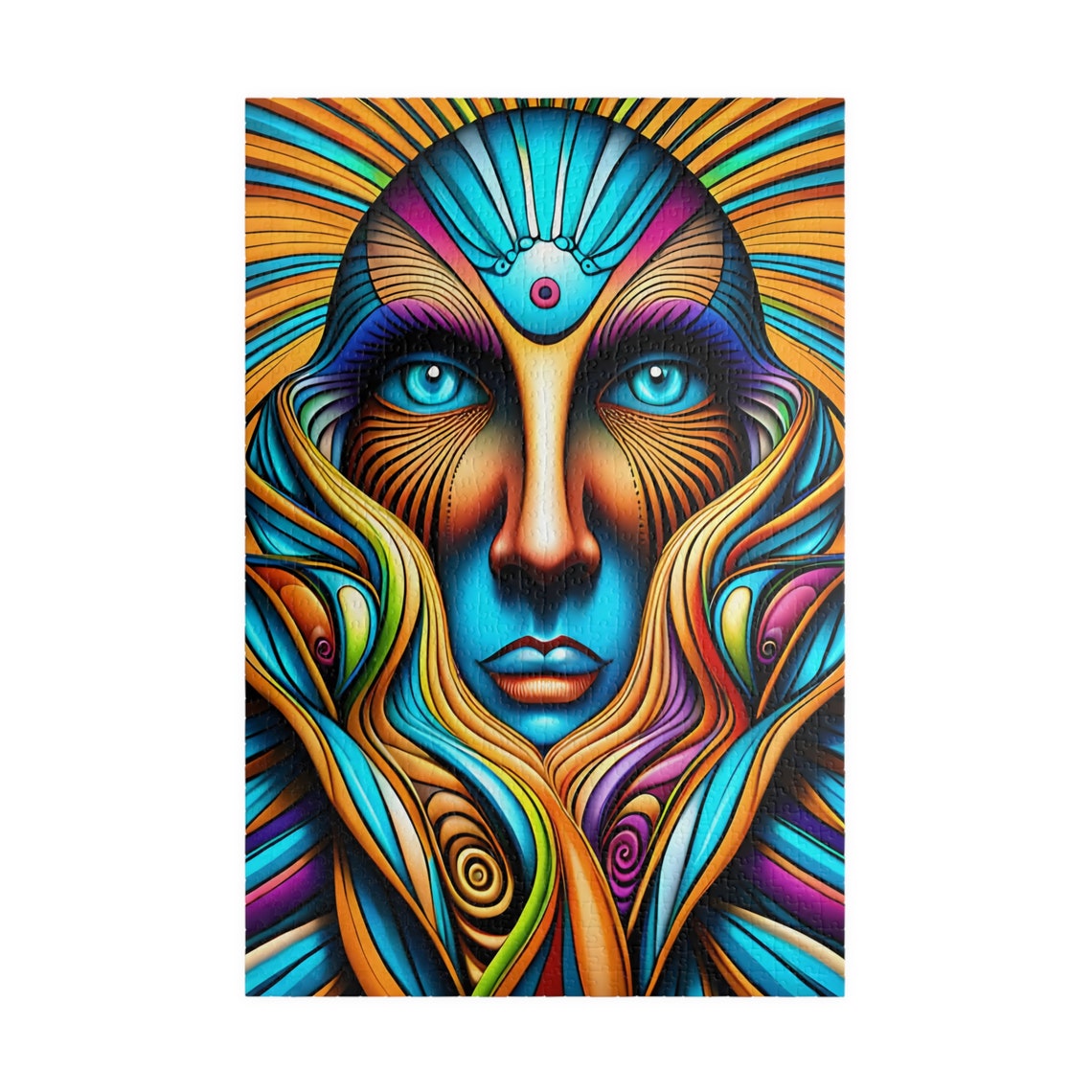 Psychedelic Sun Goddess Face in Vivid Orange and Turquoise Print - Image 5