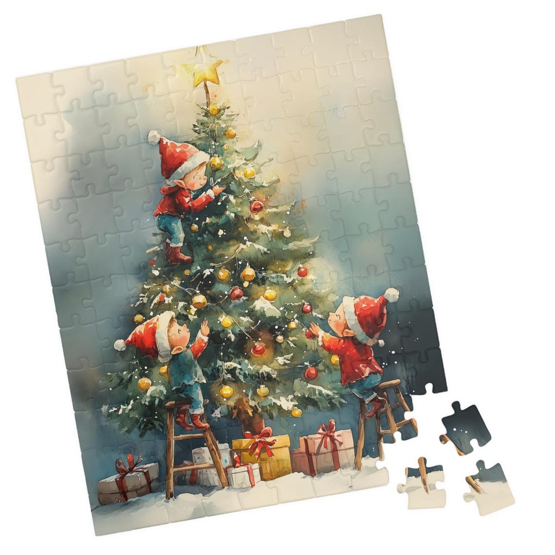 Three Children Decorating A Tall Christmas Tree Watercolor Poster