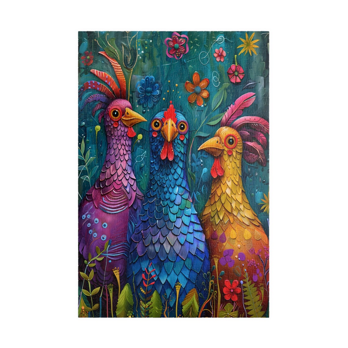 Three Colorful Chickens Folk Art Vibrant Rooster Trio Poster - Image 3